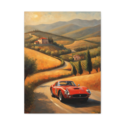 Classic Car Canvas Wall Art featuring a red sports car driving through a picturesque countryside landscape