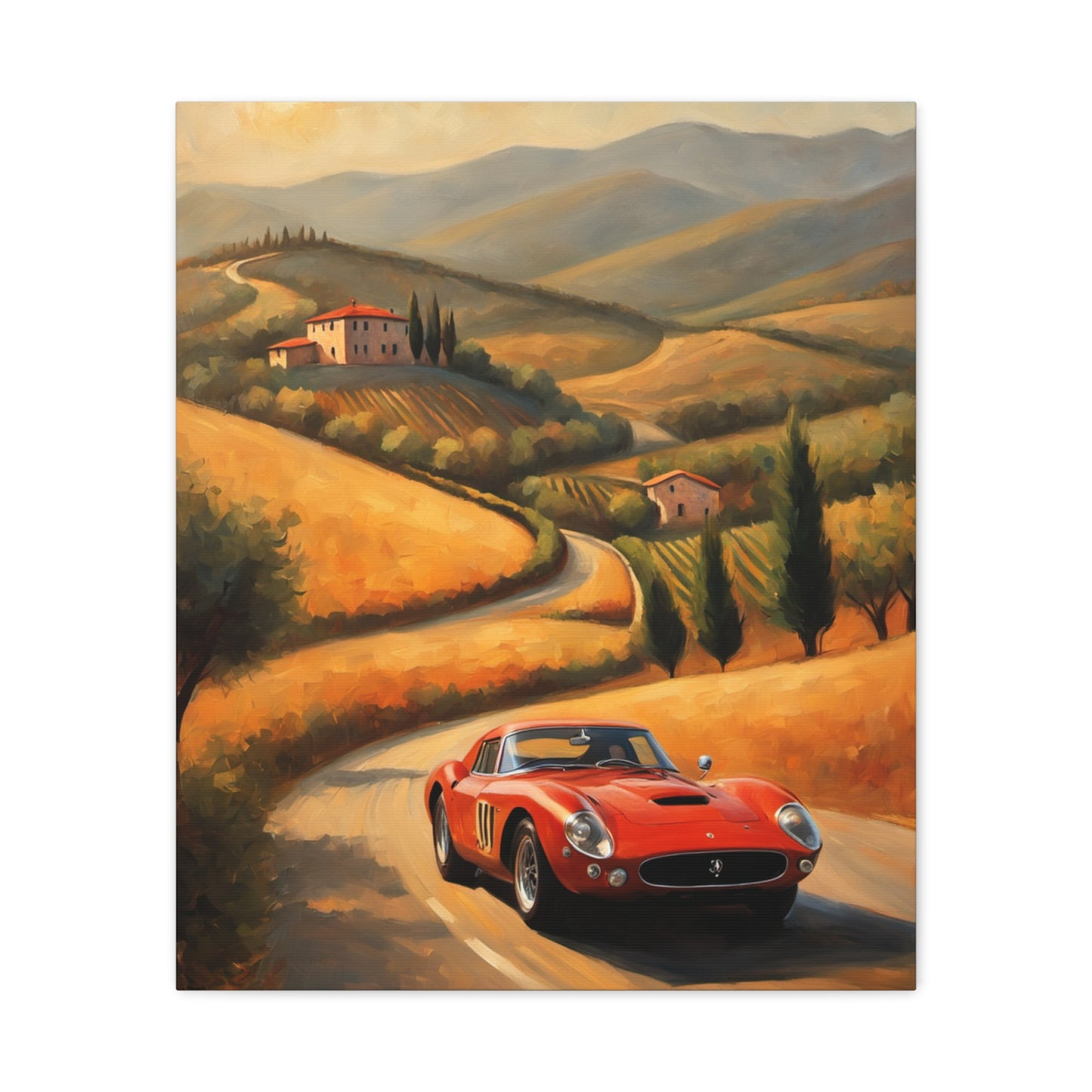 Classic Car Canvas Wall Art featuring a red vintage car driving through scenic countryside landscapes