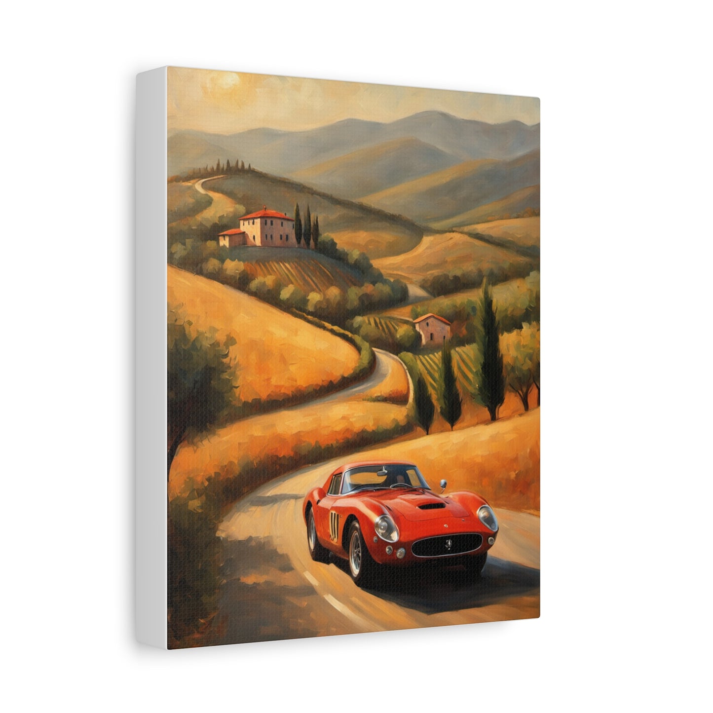 Classic Car Canvas Wall Art featuring a red vintage car driving through scenic countryside