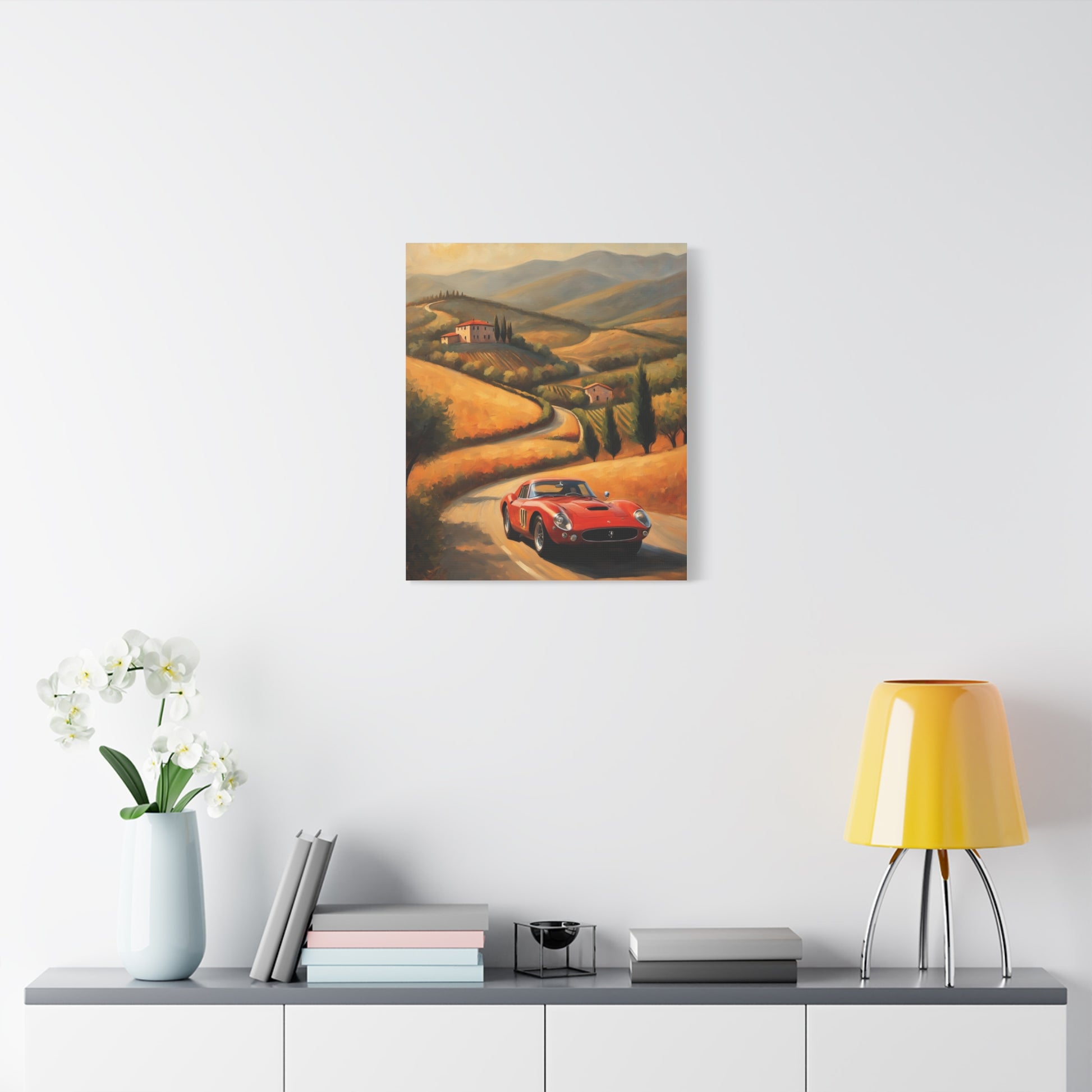 Classic Car Canvas Wall Art featuring a red car driving down a scenic countryside road