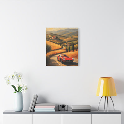 Classic Car Canvas Wall Art featuring a red car driving down a scenic countryside road