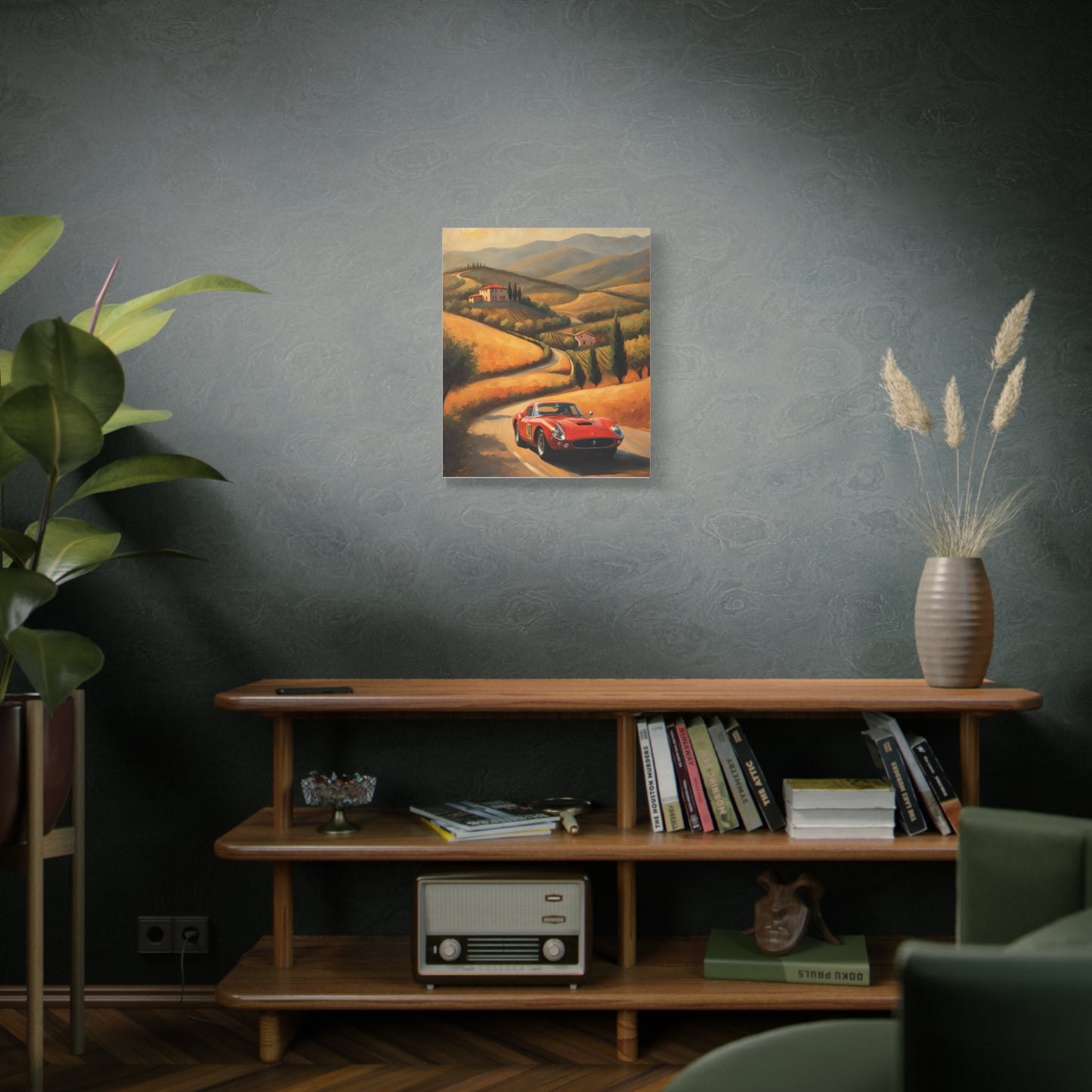 Classic Car Canvas Wall Art featuring a red sports car on a scenic road with mountains