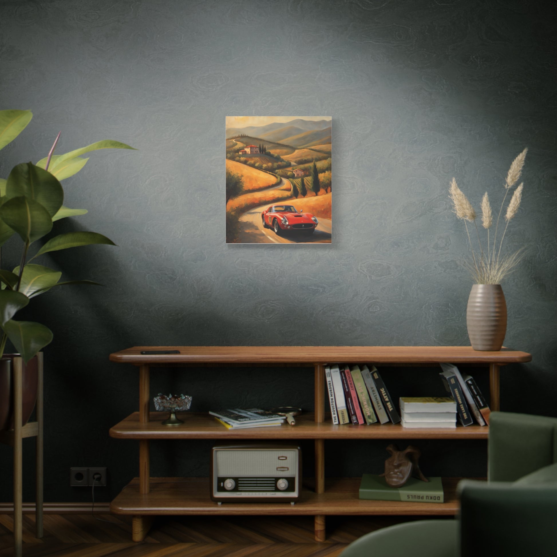 Classic Car Canvas Wall Art featuring a red sports car on a scenic road with mountains