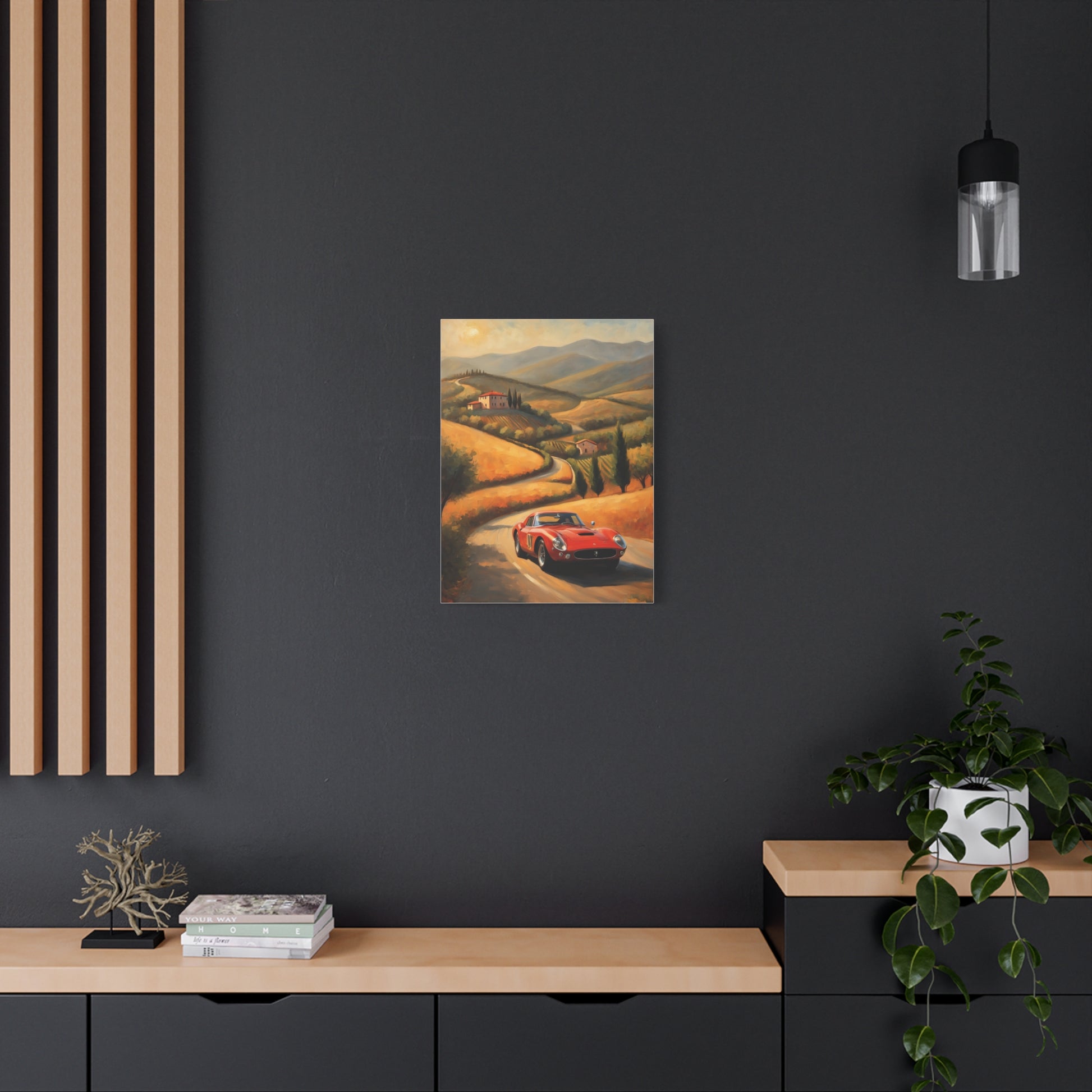 Classic Car Canvas Wall Art featuring a scenic drive with a red vintage car amidst mountains