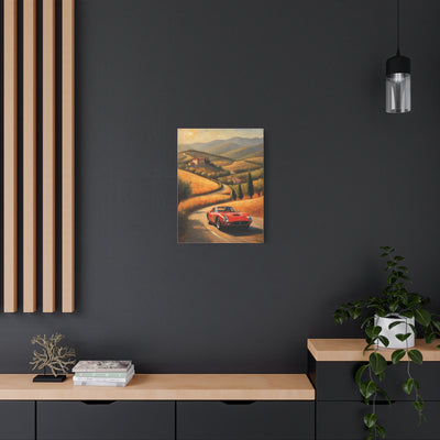 Classic Car Canvas Wall Art featuring a scenic drive with a red vintage car amidst mountains