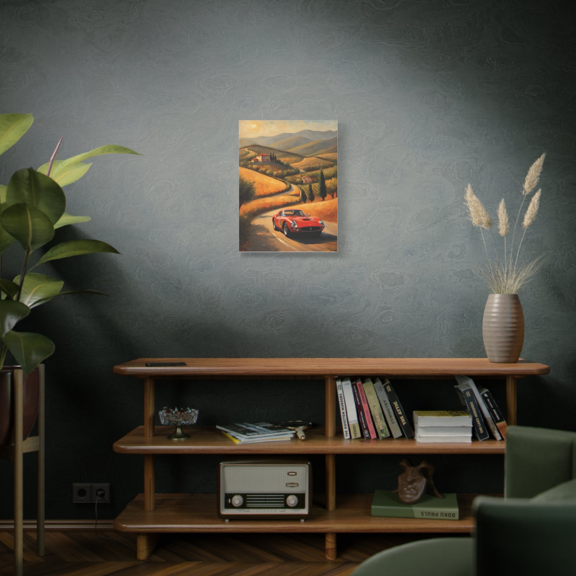 Classic Car Canvas Wall Art featuring a red vintage car driving through scenic hills