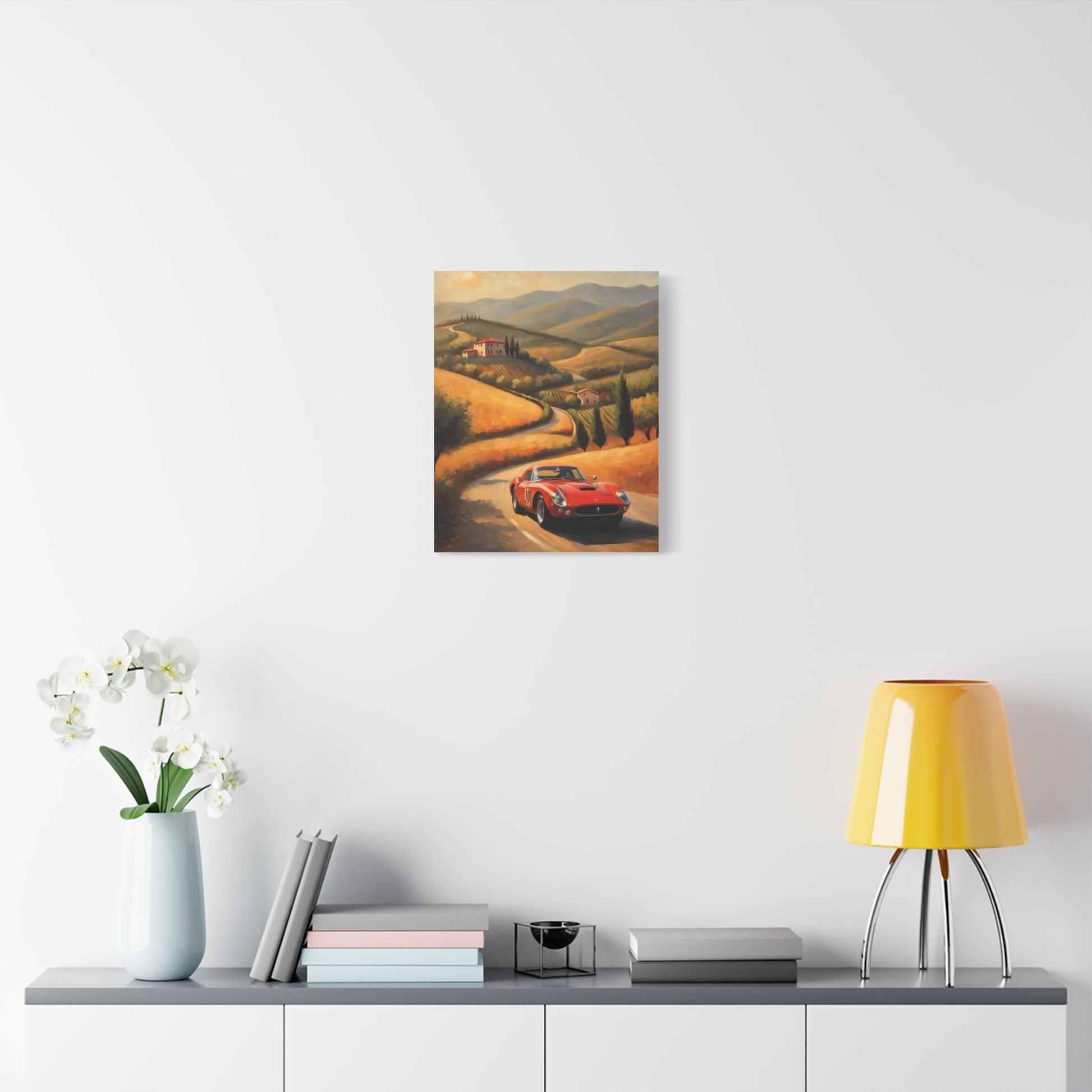 Classic Car Canvas Wall Art featuring a red vintage car on a scenic winding road