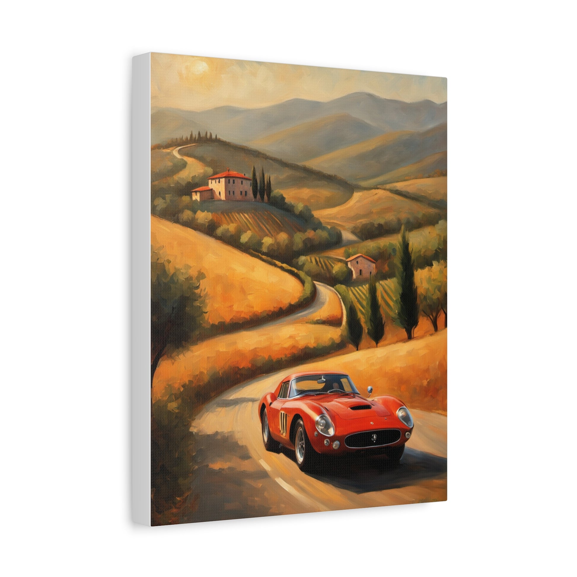 Classic Car Canvas Wall Art featuring a red nostalgic car driving through scenic countryside landscapes