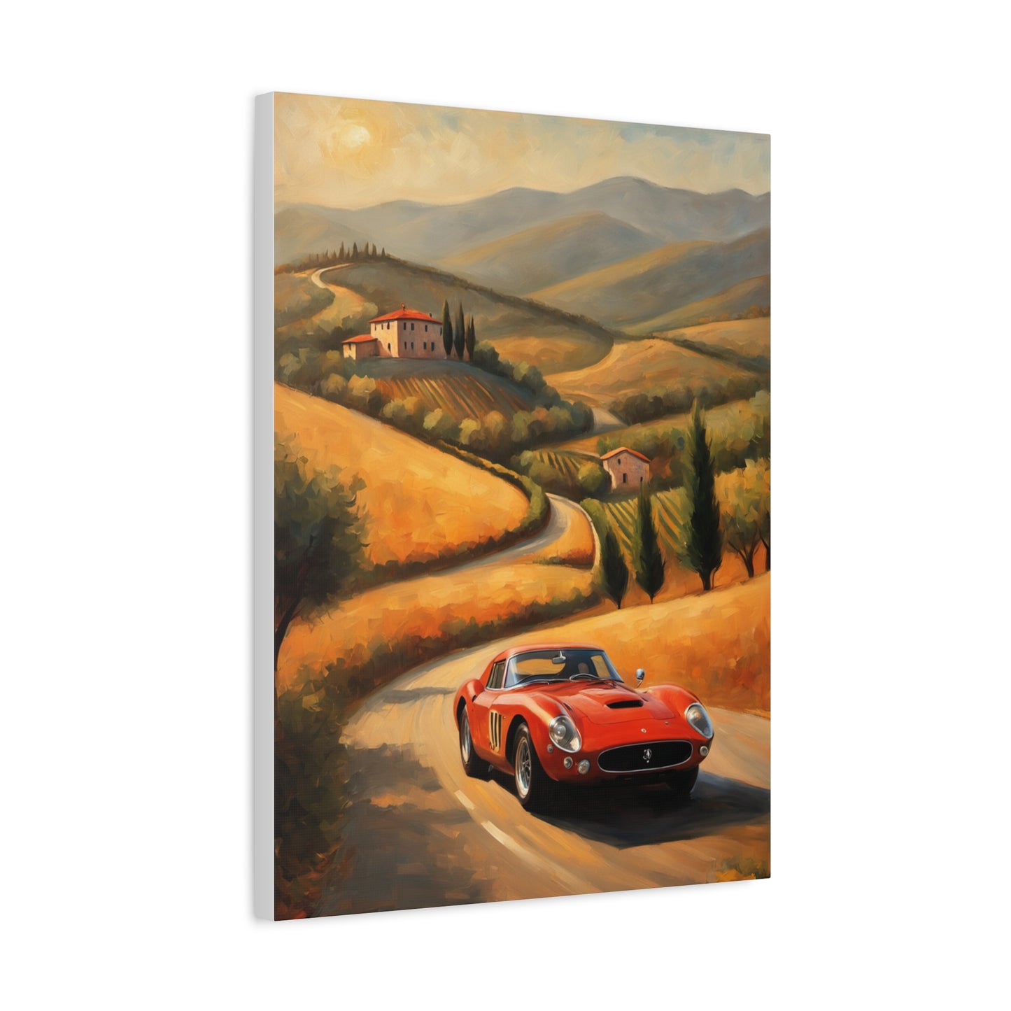 Classic Car Canvas Wall Art featuring a red sports car driving through a scenic countryside landscape