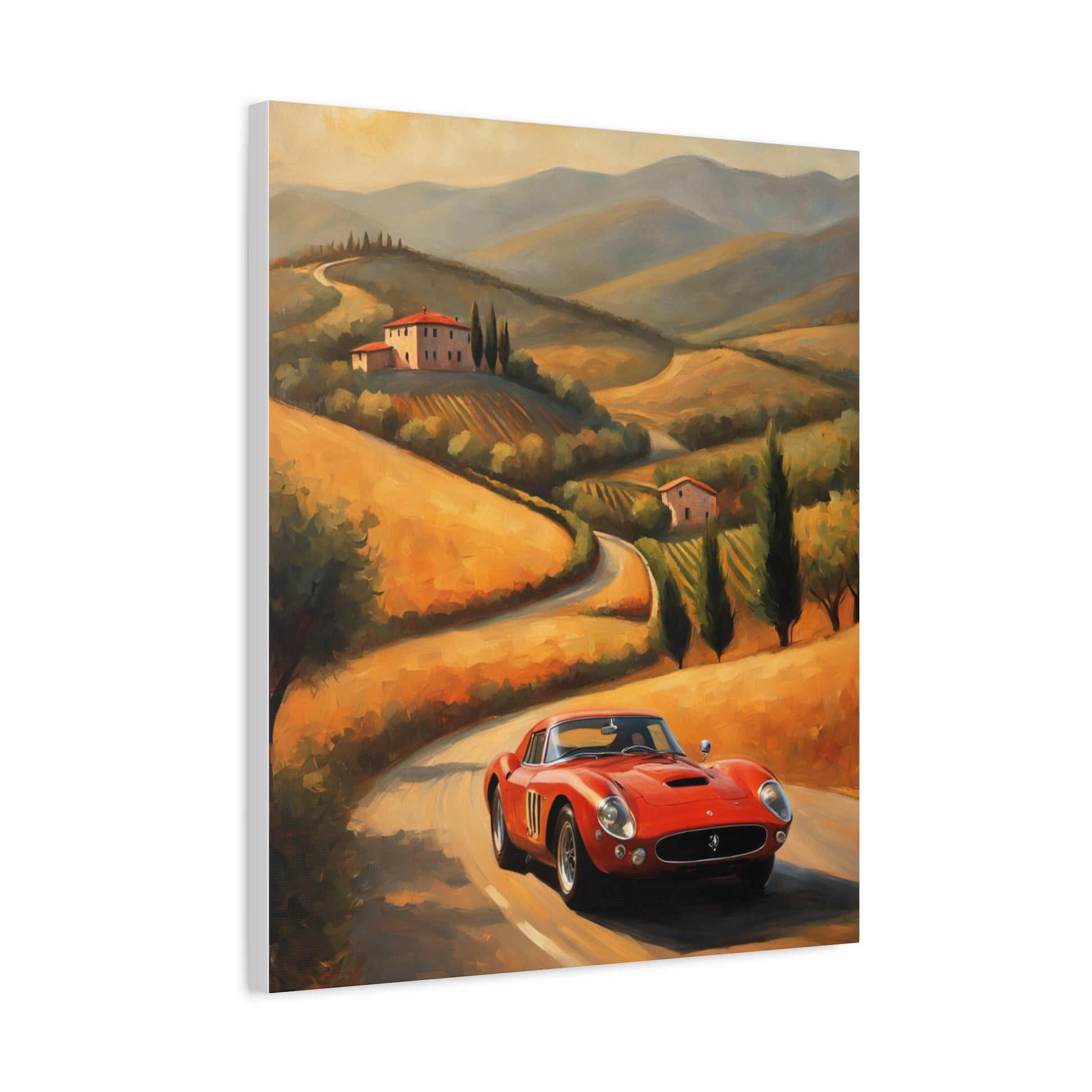 Classic Car Canvas Wall Art featuring a red old car driving through a scenic countryside landscape