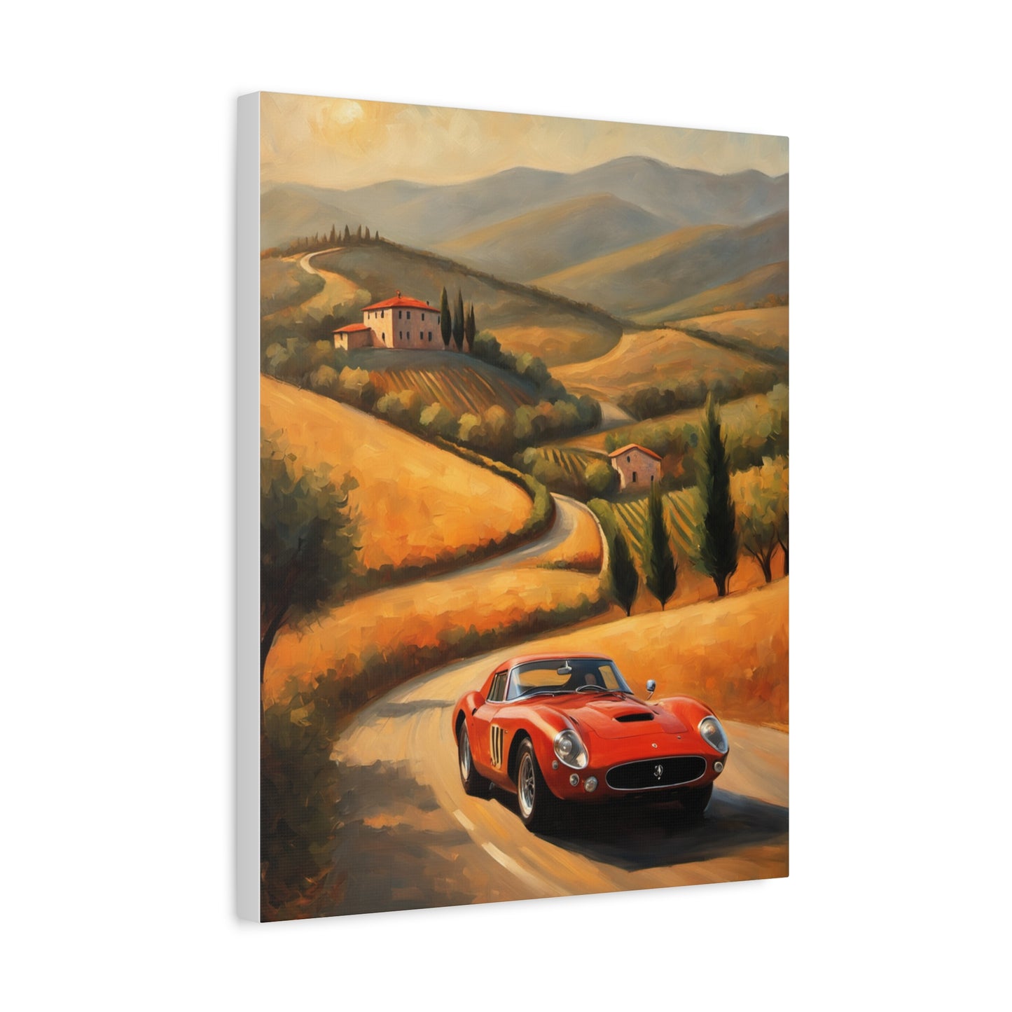Classic Car Canvas Wall Art depicting a vintage car driving through a scenic countryside landscape