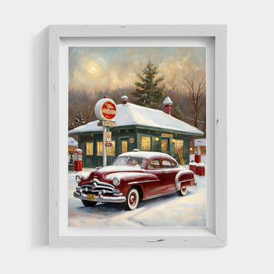 Framed digital art of a vintage red car in snowy scene perfect for classic car decor for living room