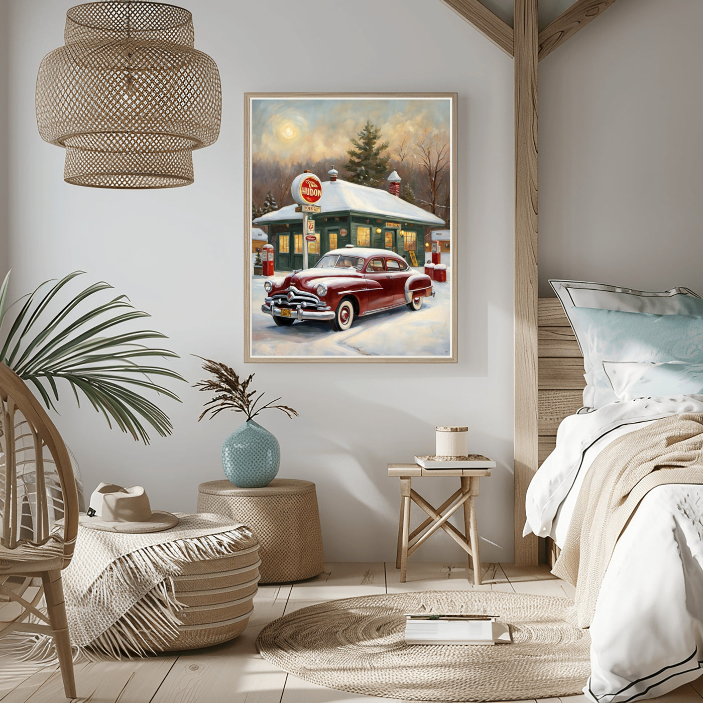 Classic car decor for living room featuring vintage red car and retro gas station wall art by AquilVision