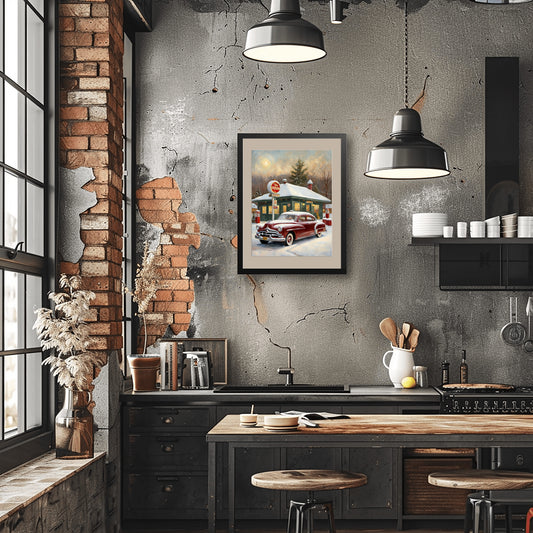 Classic car decor for living room featuring a framed vintage car print in an industrial kitchen setting