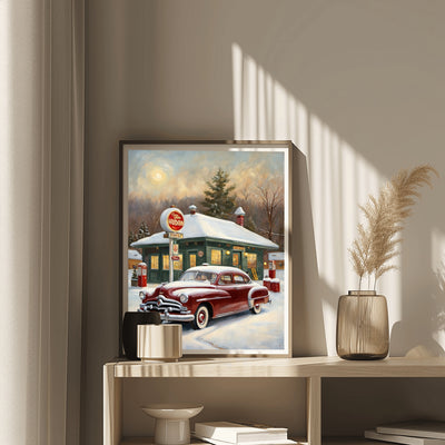 AquilVision digital vintage poster featuring classic car decor for living room with a snowy retro scene