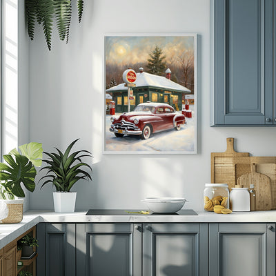 Classic car decor for living room featuring a vintage red car in a snowy winter scene by AquilVision
