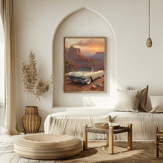 AquilVision digital Grand Canyon sunset artwork featuring a classic car displayed in a modern neutral living room