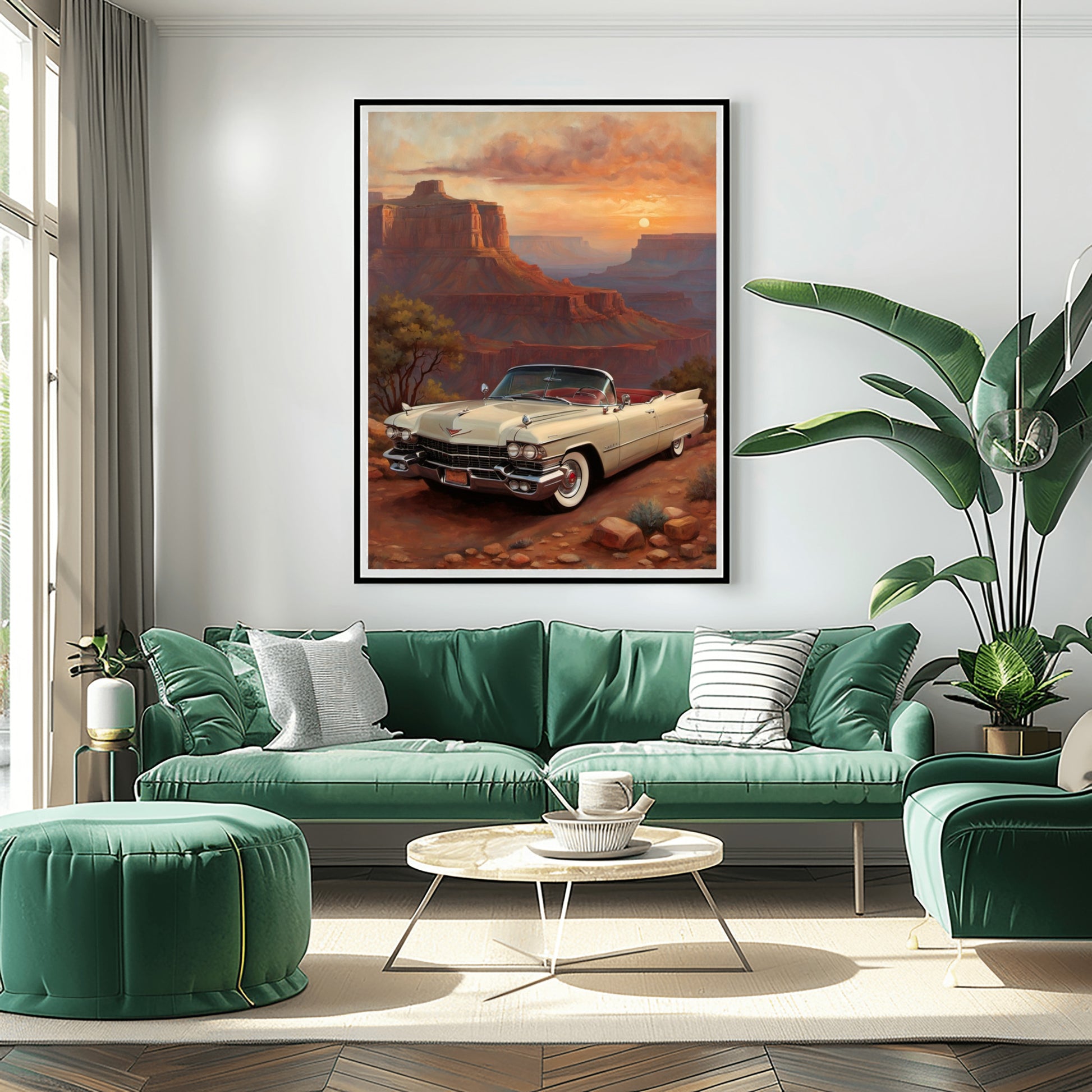 AquilVision digital Grand Canyon sunset artwork featuring vintage car in a modern living room setting