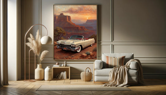 AquilVision Grand Canyon sunset artwork featuring a classic convertible car at sunset in a modern living room