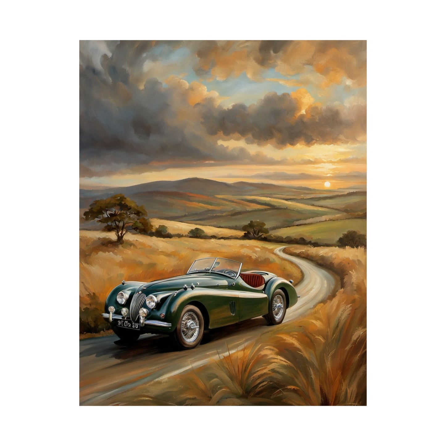 Classic Car Landscape Matte Poster featuring a vintage car on a scenic winding road at sunset