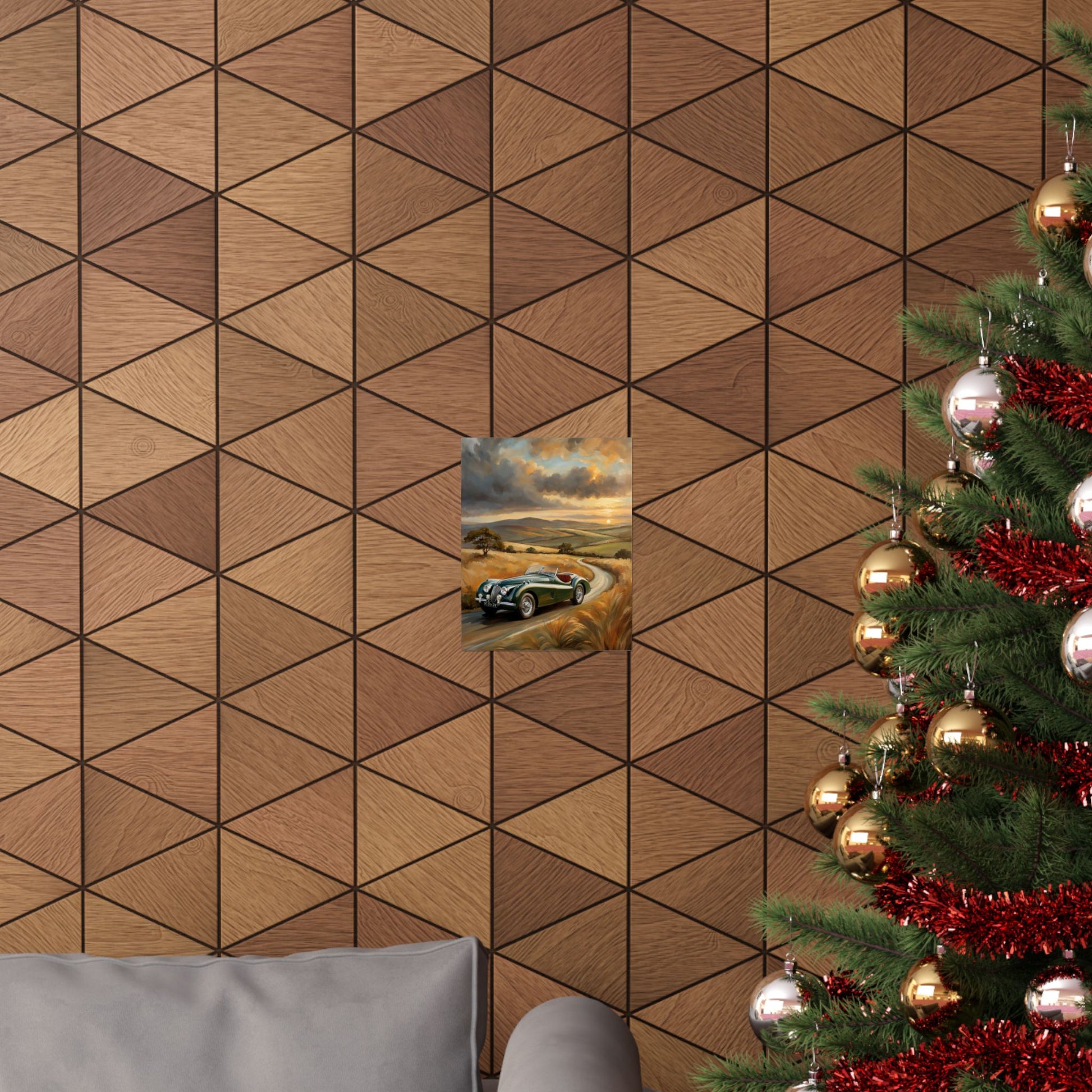 Classic Car Landscape Matte Poster showcased on a textured wooden wall with Christmas tree decor