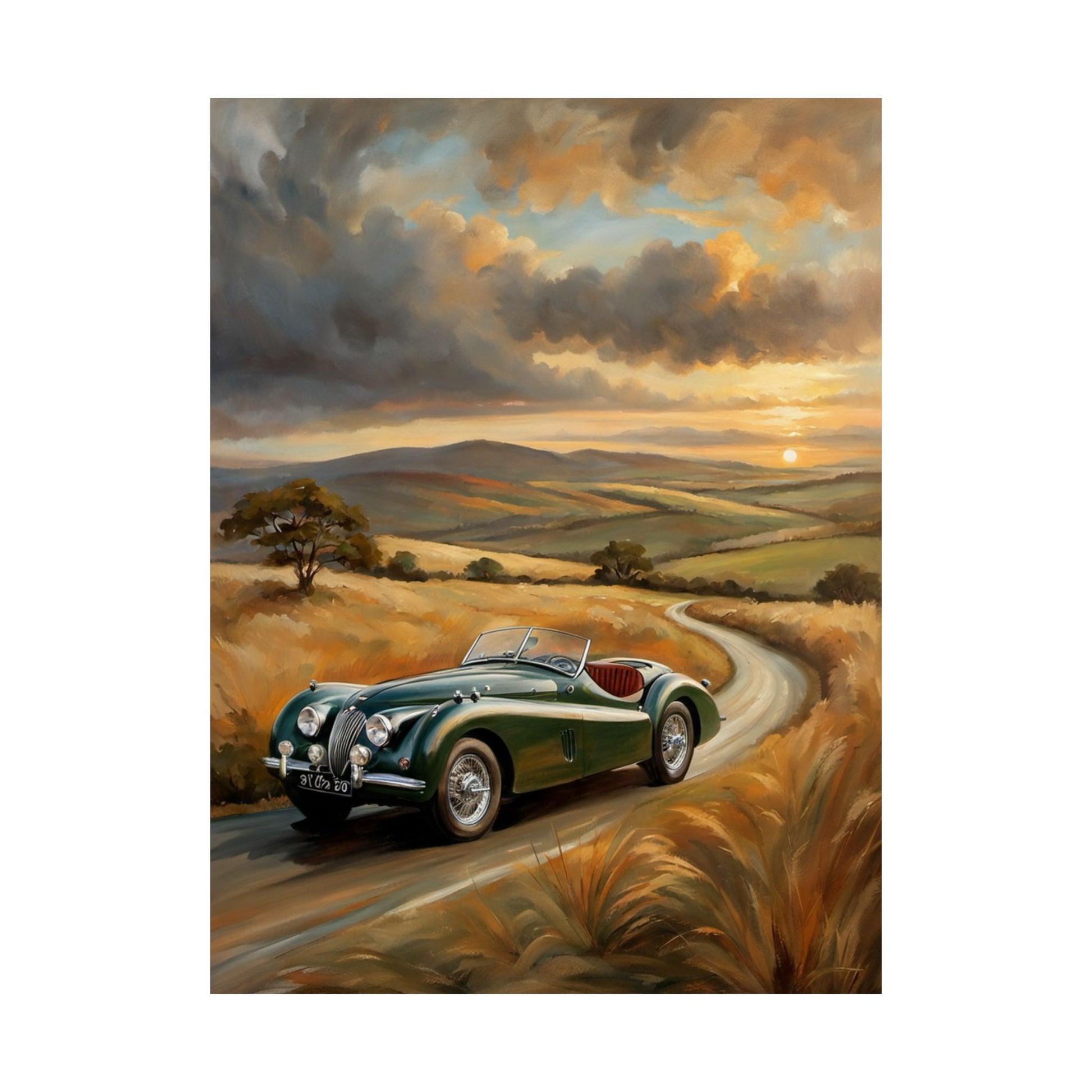 Classic Car Landscape Matte Poster featuring a vintage green car on a scenic winding road