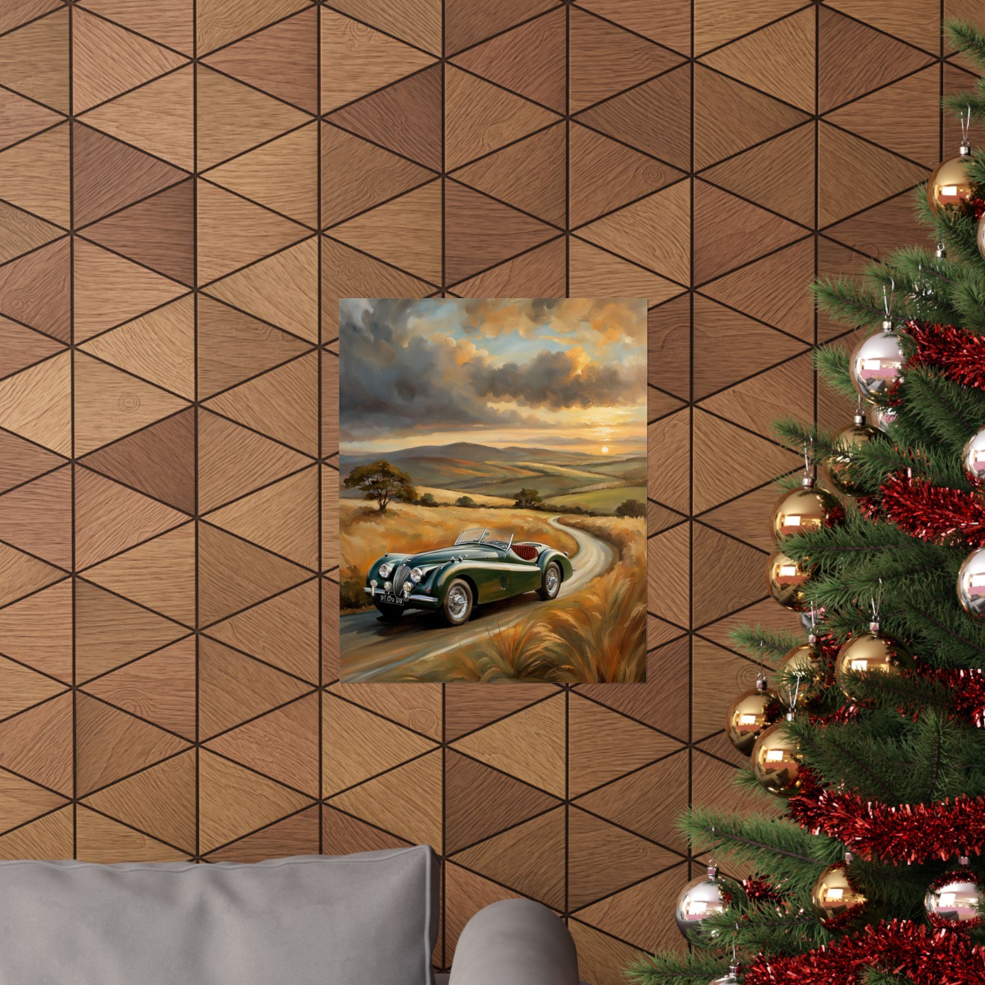 Classic Car Landscape Matte Poster depicting a vintage car on a scenic road with sunset backdrop