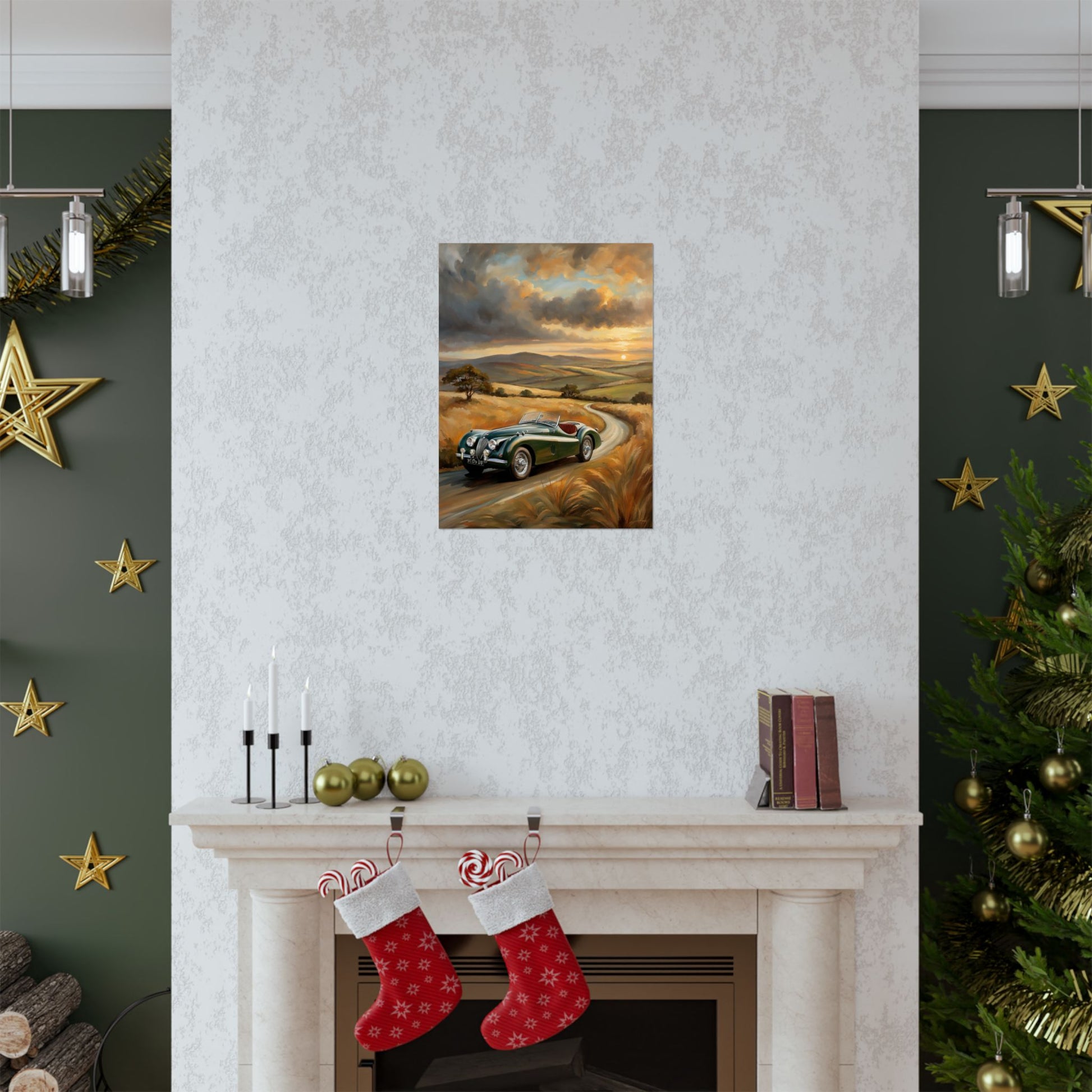 Classic Car Landscape Matte Poster displayed on a living room wall above a fireplace