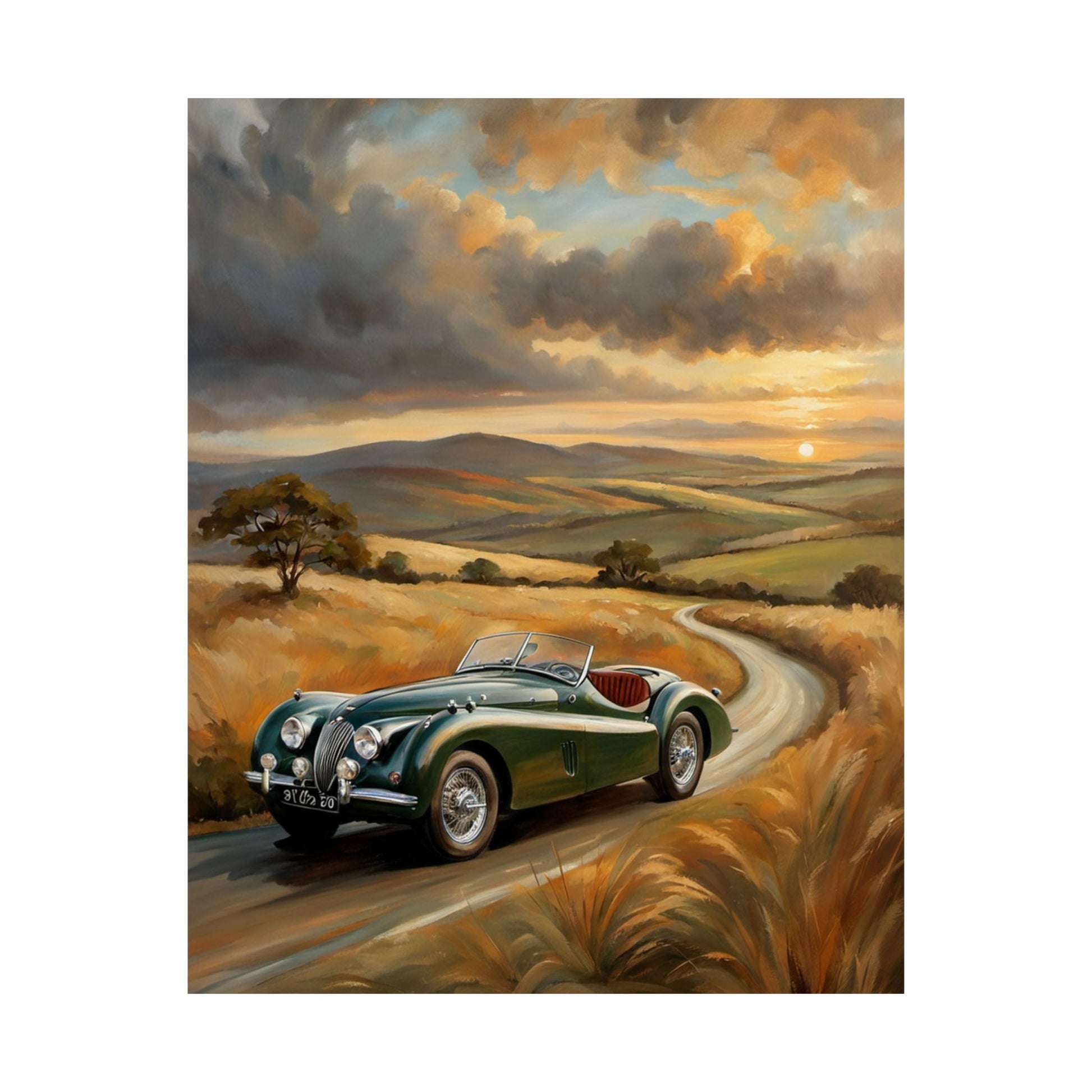 Classic Car Landscape Matte Poster featuring a vintage car driving through a scenic countryside at sunset