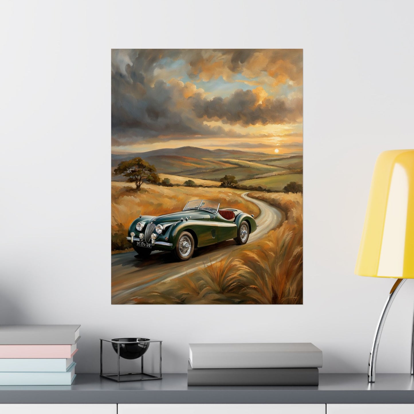 Classic Car Landscape Matte Poster featuring a vintage car driving through a scenic sunset rural landscape