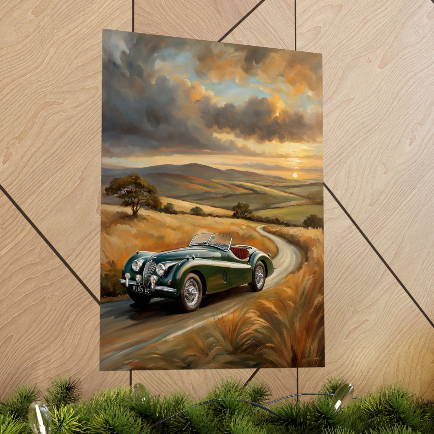 Classic Car Landscape Matte Poster featuring a vintage car driving along a scenic, sunset road