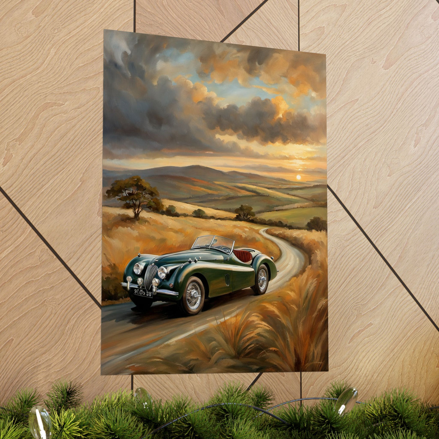 Classic Car Landscape Matte Poster featuring a vintage car driving along a scenic, sunset road