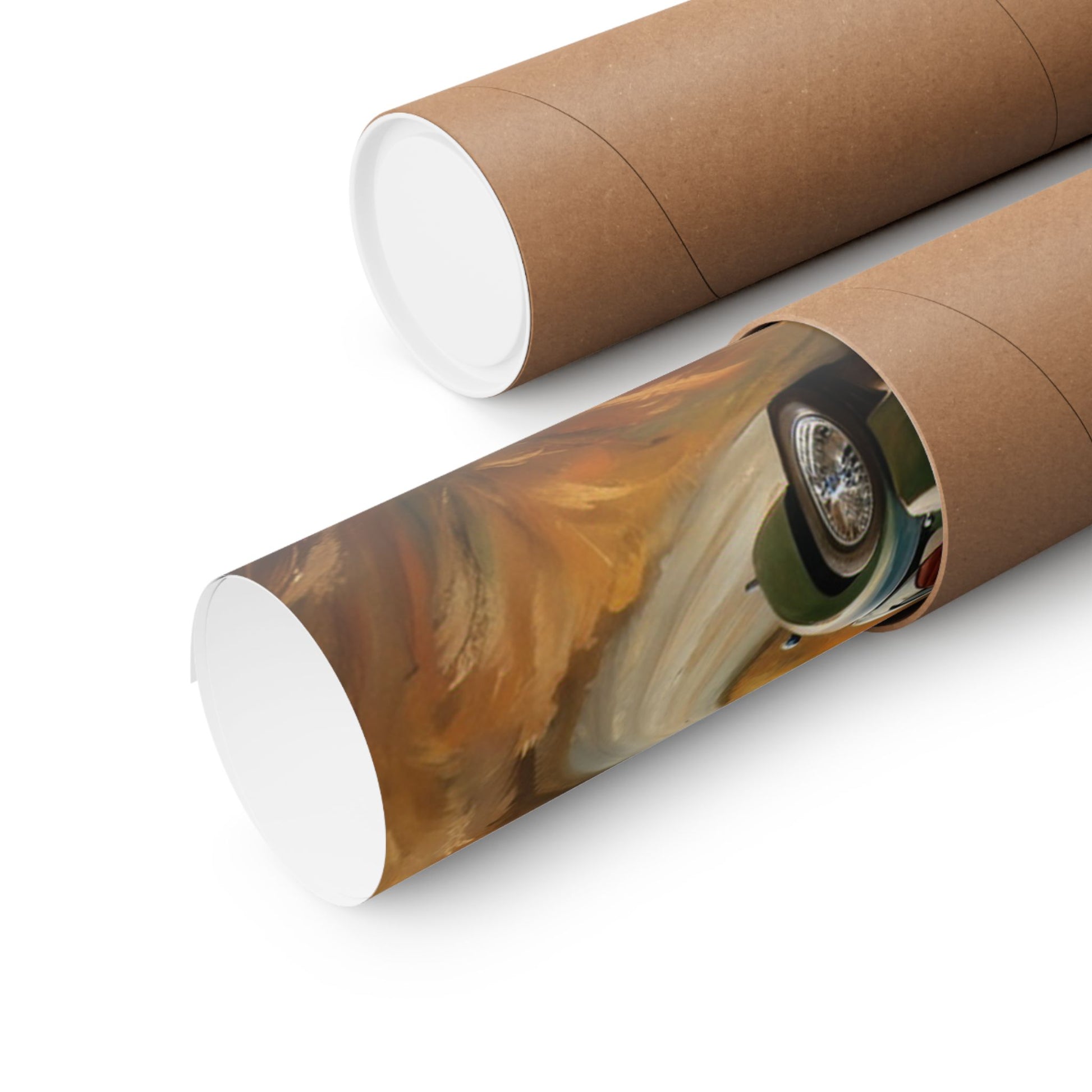 Classic Car Landscape Matte Poster rolled and packaged in a cardboard tube for easy storage and shipping
