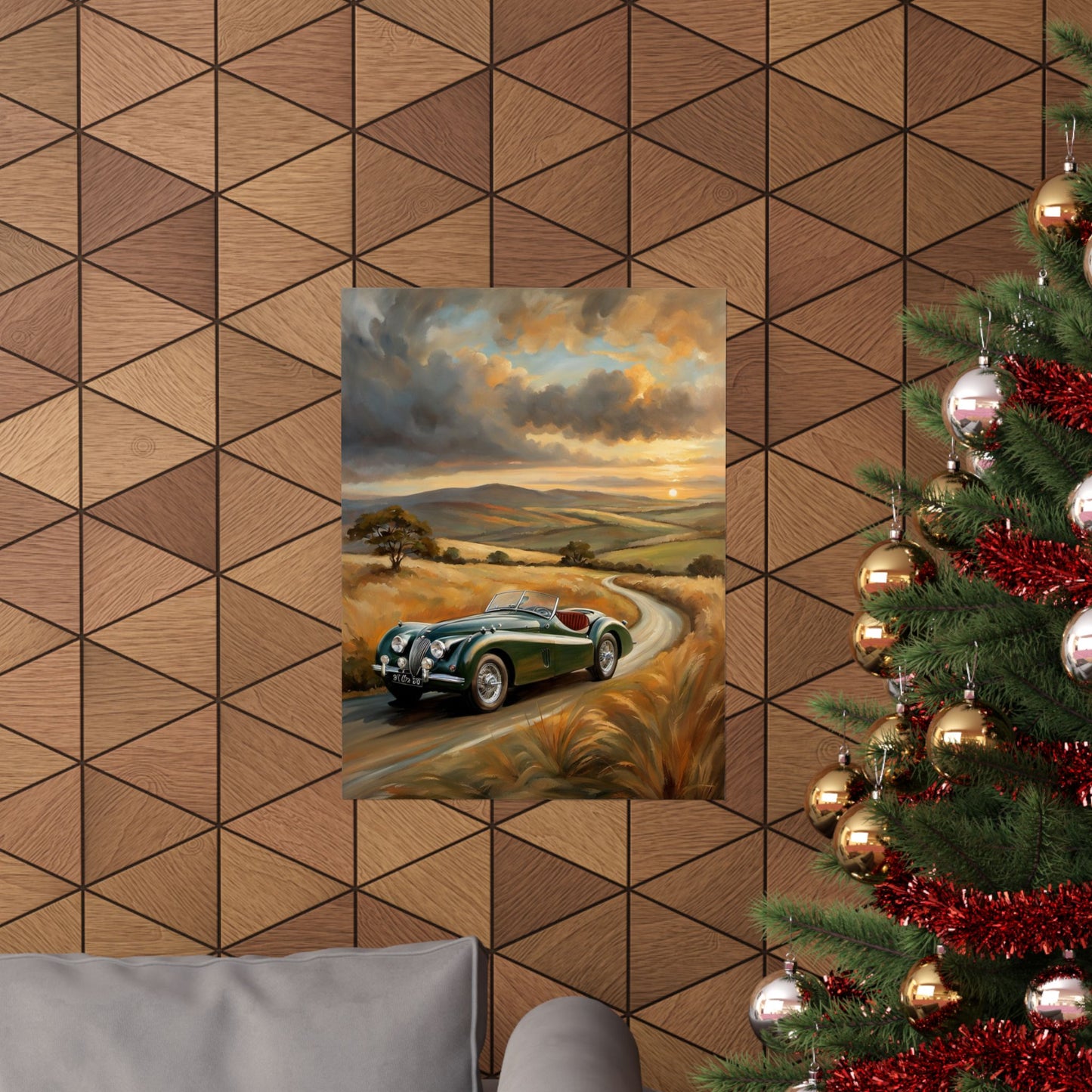 Classic Car Landscape Matte Poster featuring a vintage car on a scenic road with mountains
