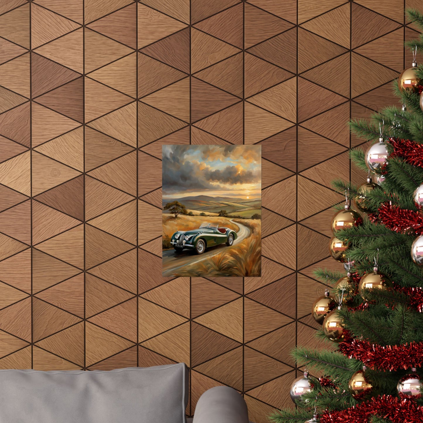 Classic Car Landscape Matte Poster displayed on a textured wall next to a Christmas tree