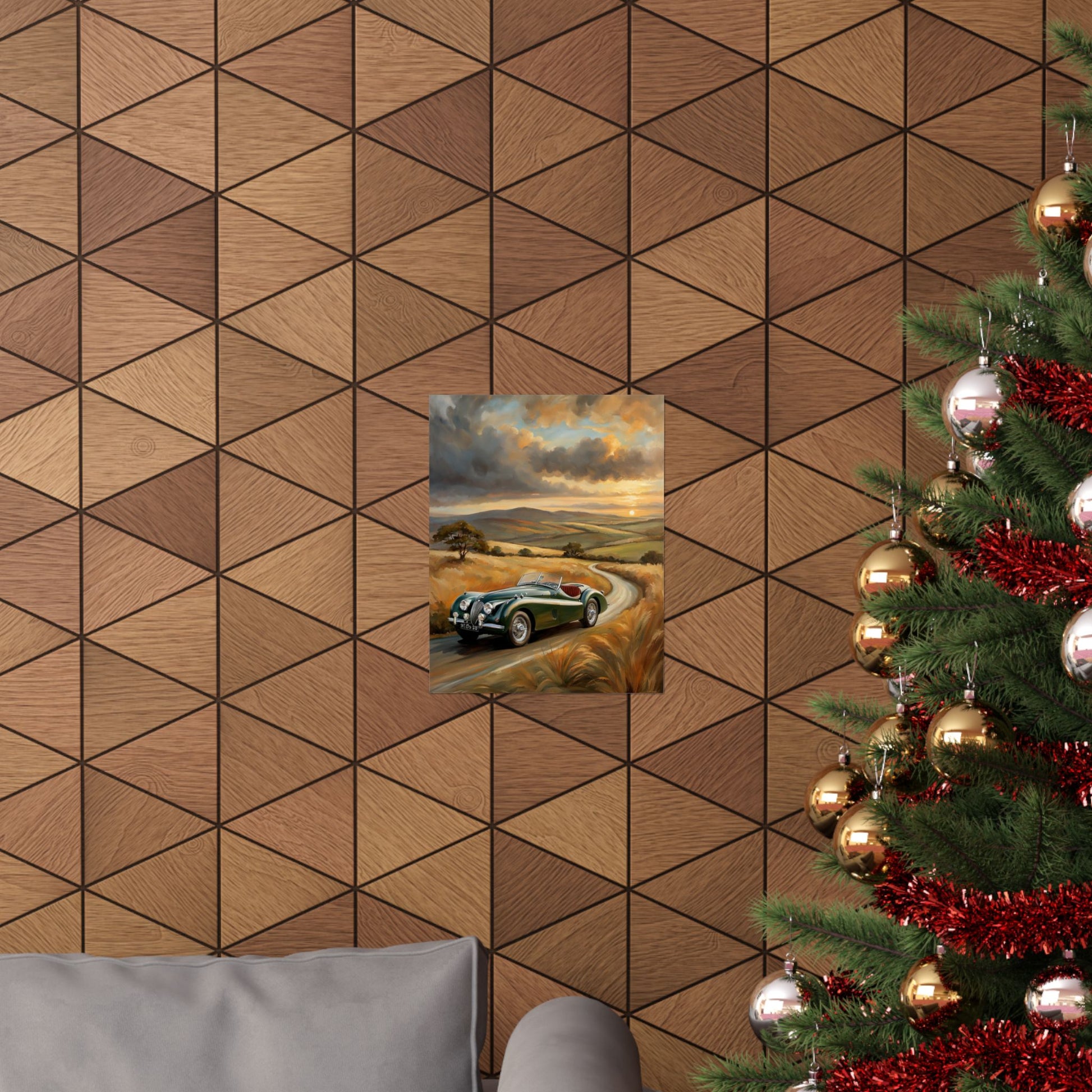 Classic Car Landscape Matte Poster displayed on a textured wall above a modern sofa and Christmas tree