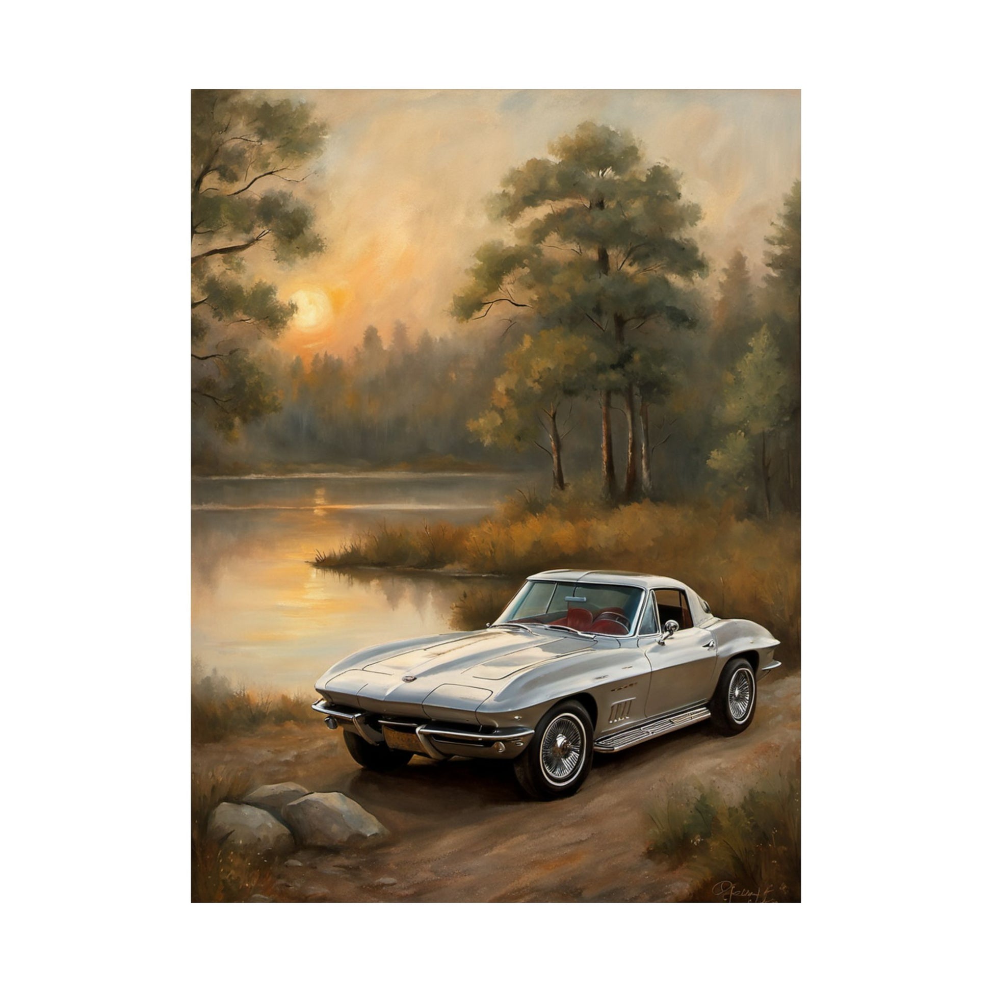 Classic Car Landscape Poster featuring a vintage car by a serene lake during sunset