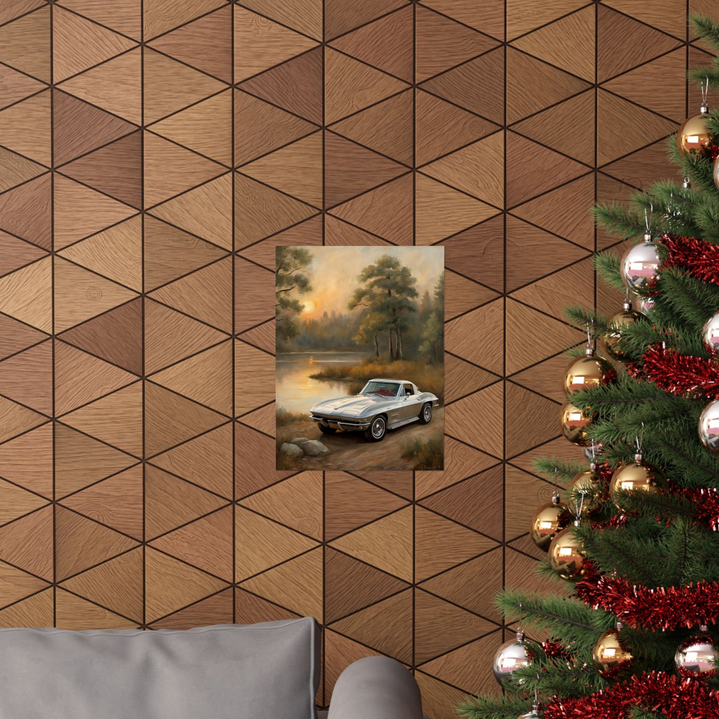 Classic Car Landscape Poster featuring a vintage car by a serene lake surrounded by trees