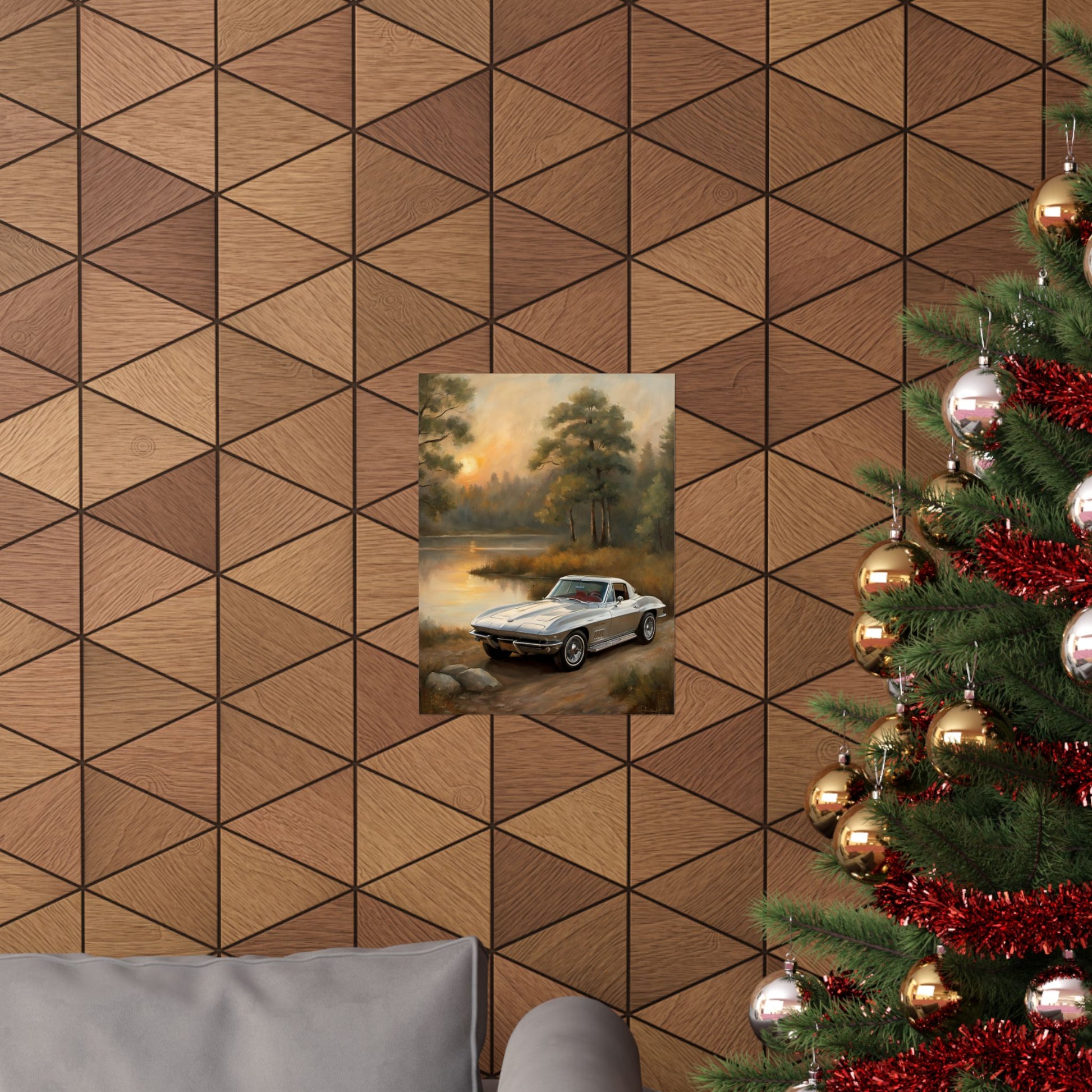 Classic Car Landscape Poster featuring a vintage car by a serene lake surrounded by trees