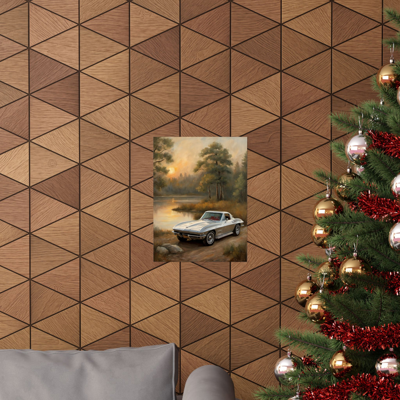 Classic Car Landscape Poster featuring a vintage car by a serene lake surrounded by trees