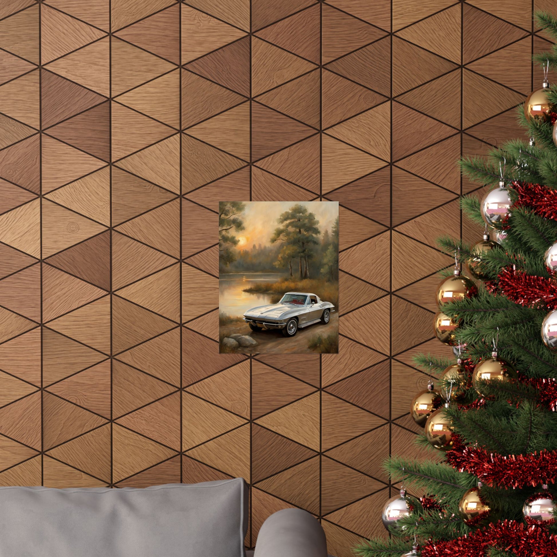 Classic Car Landscape Poster displayed on a geometric patterned wall near a Christmas tree