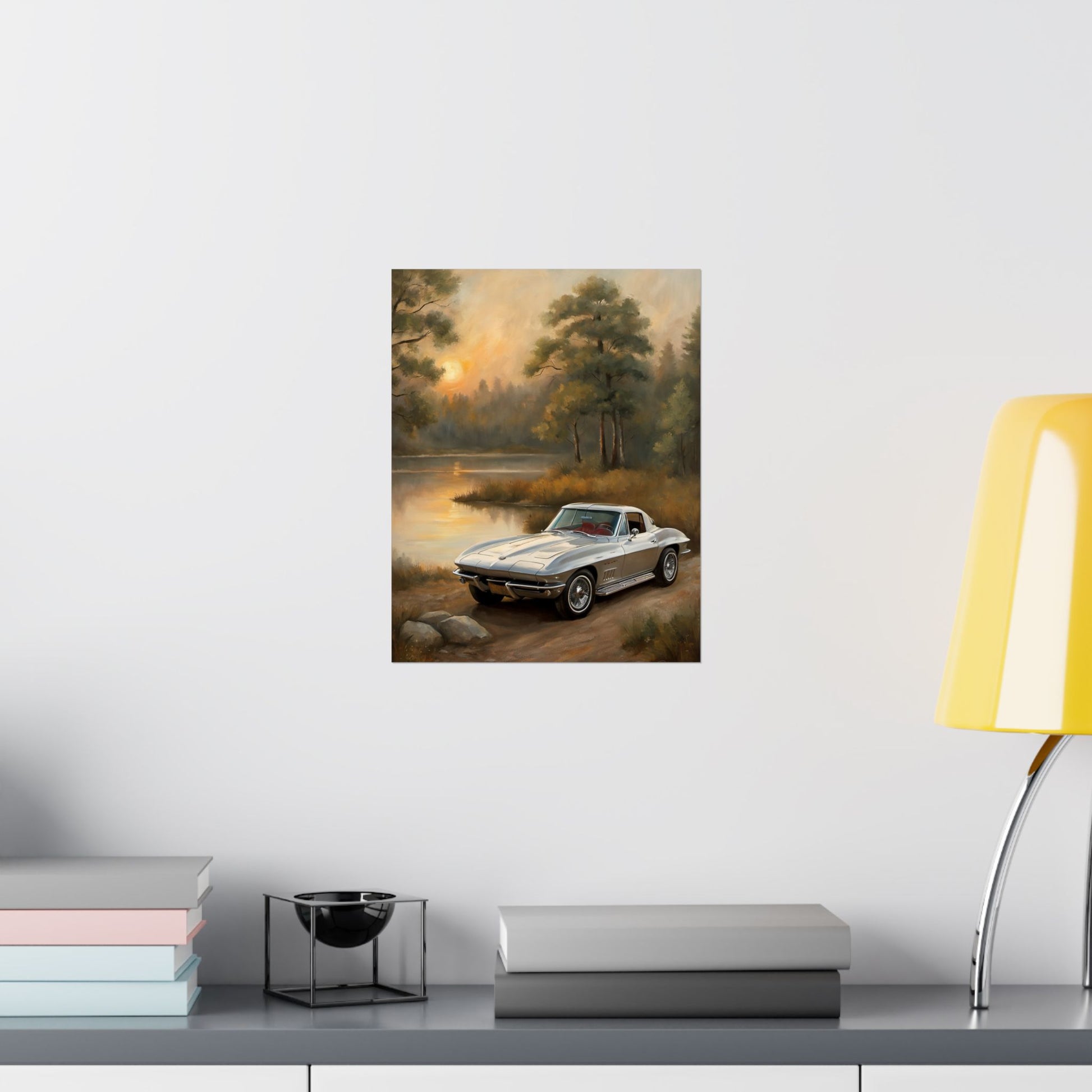 Classic Car Landscape Poster featuring a nostalgic car by a serene lake surrounded by trees