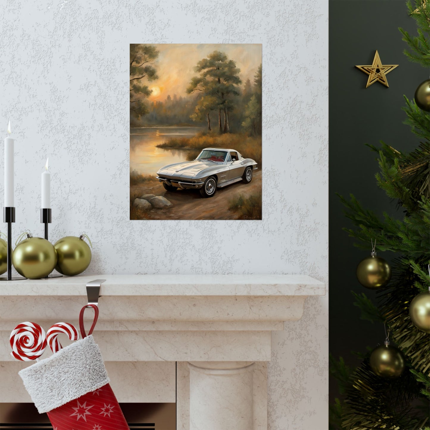 Classic Car Landscape Poster featuring a vintage car in a serene lakeside setting