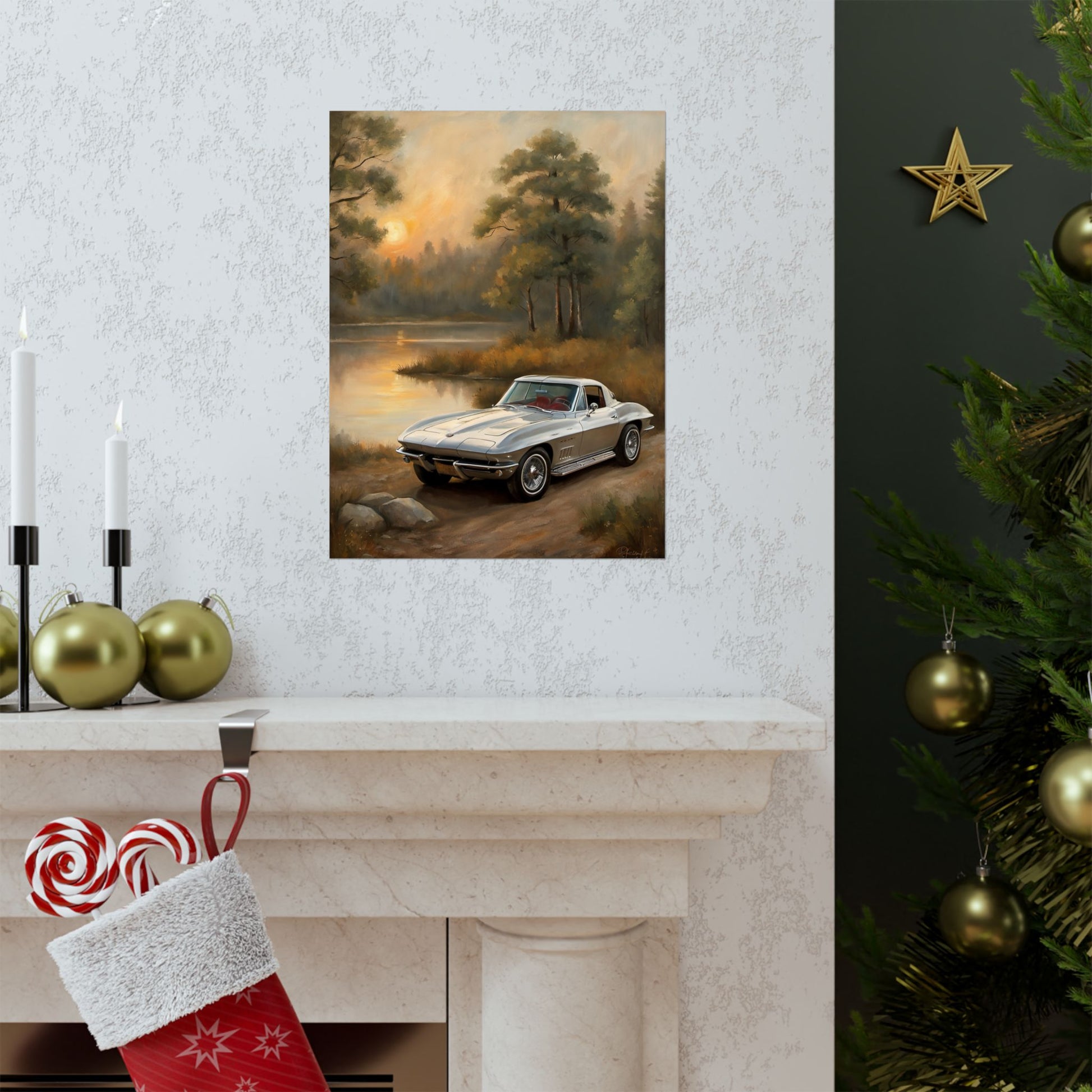 Classic Car Landscape Poster featuring a vintage car in a serene lakeside setting