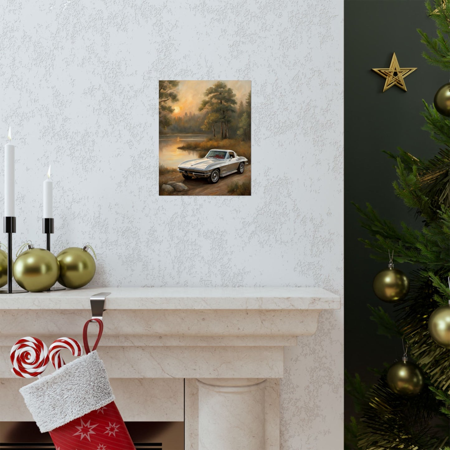 Classic Car Landscape Poster featuring a vintage car by a serene lake with trees in the background