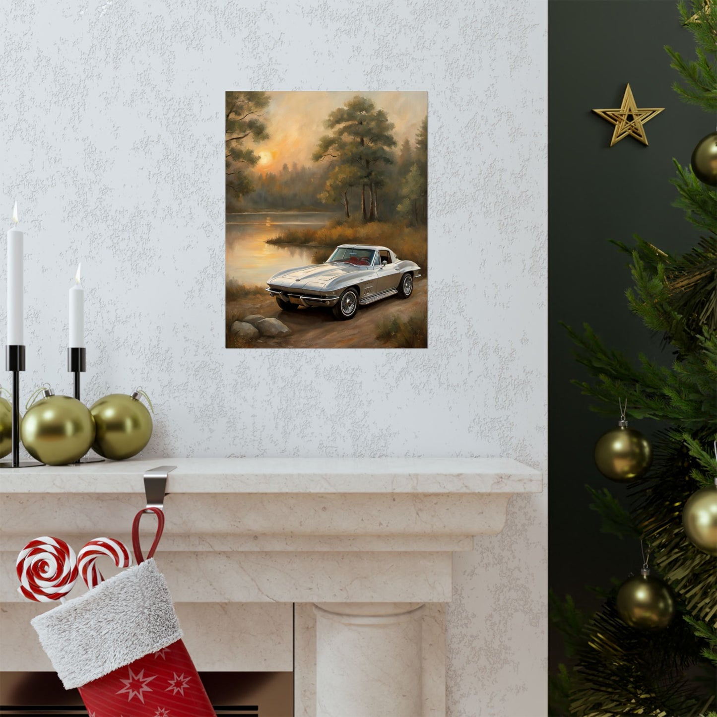 Classic Car Landscape Poster featuring a retro car by a serene lake surrounded by trees