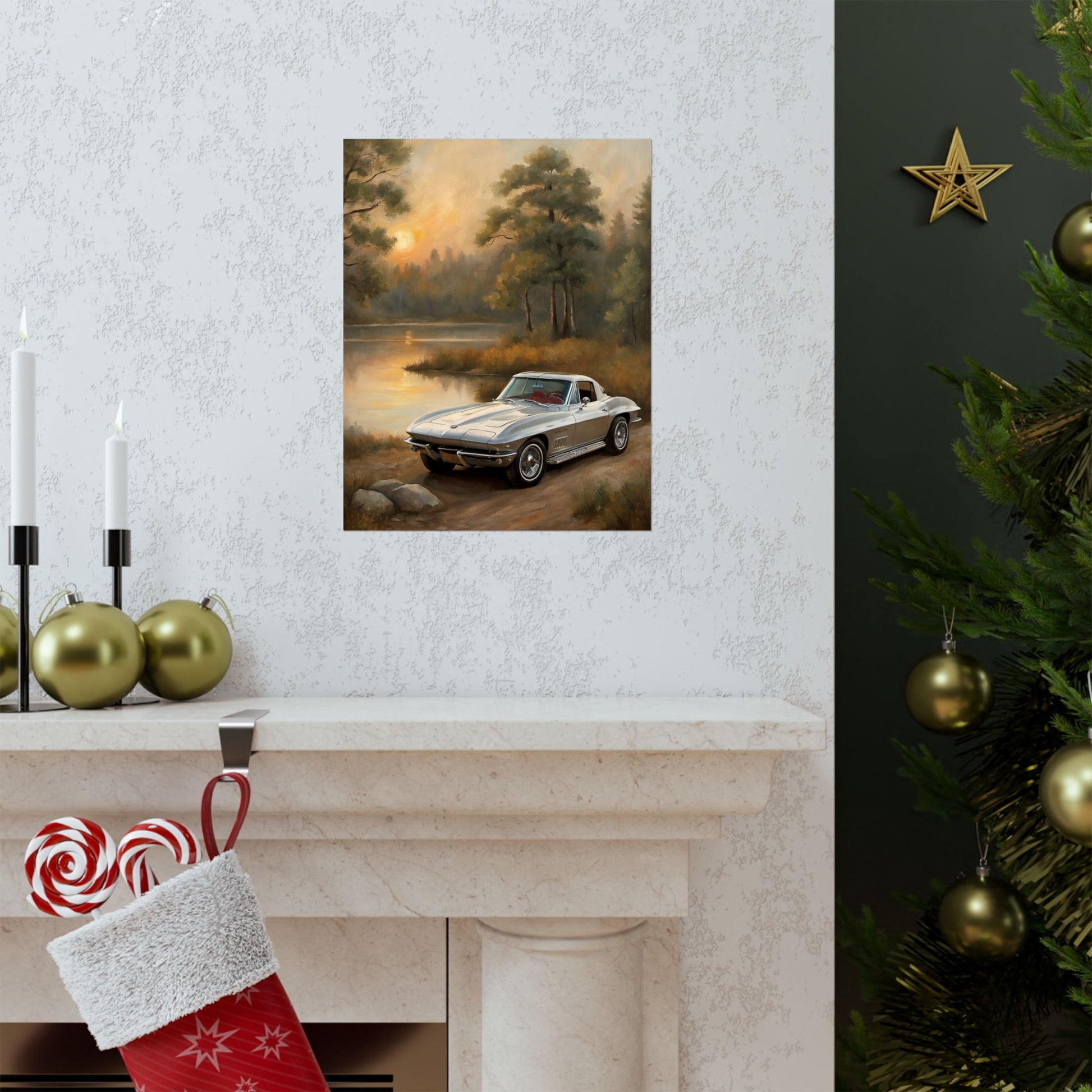 Classic Car Landscape Poster featuring a retro car by a serene lake surrounded by trees