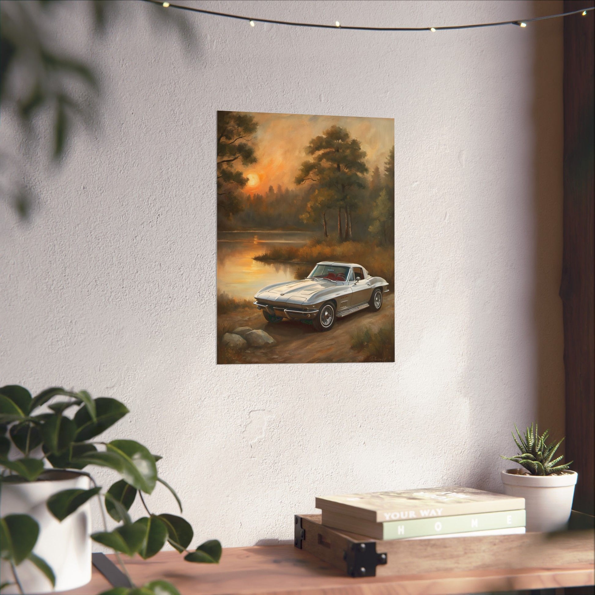 Classic Car Landscape Poster featuring a vintage car by a serene lakeside at sunset