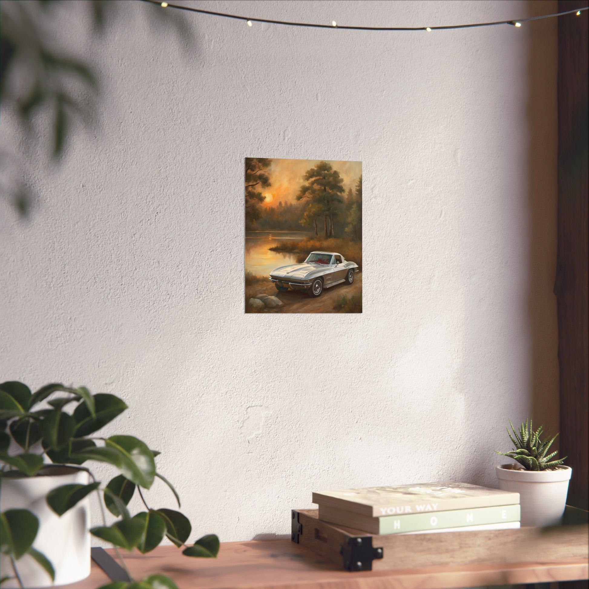 Classic Car Landscape Poster featuring a car by a serene lake surrounded by trees