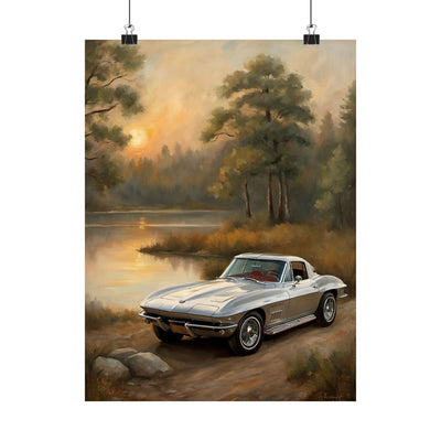 Classic Car Landscape Poster featuring a vintage silver car by a tranquil lake at sunset